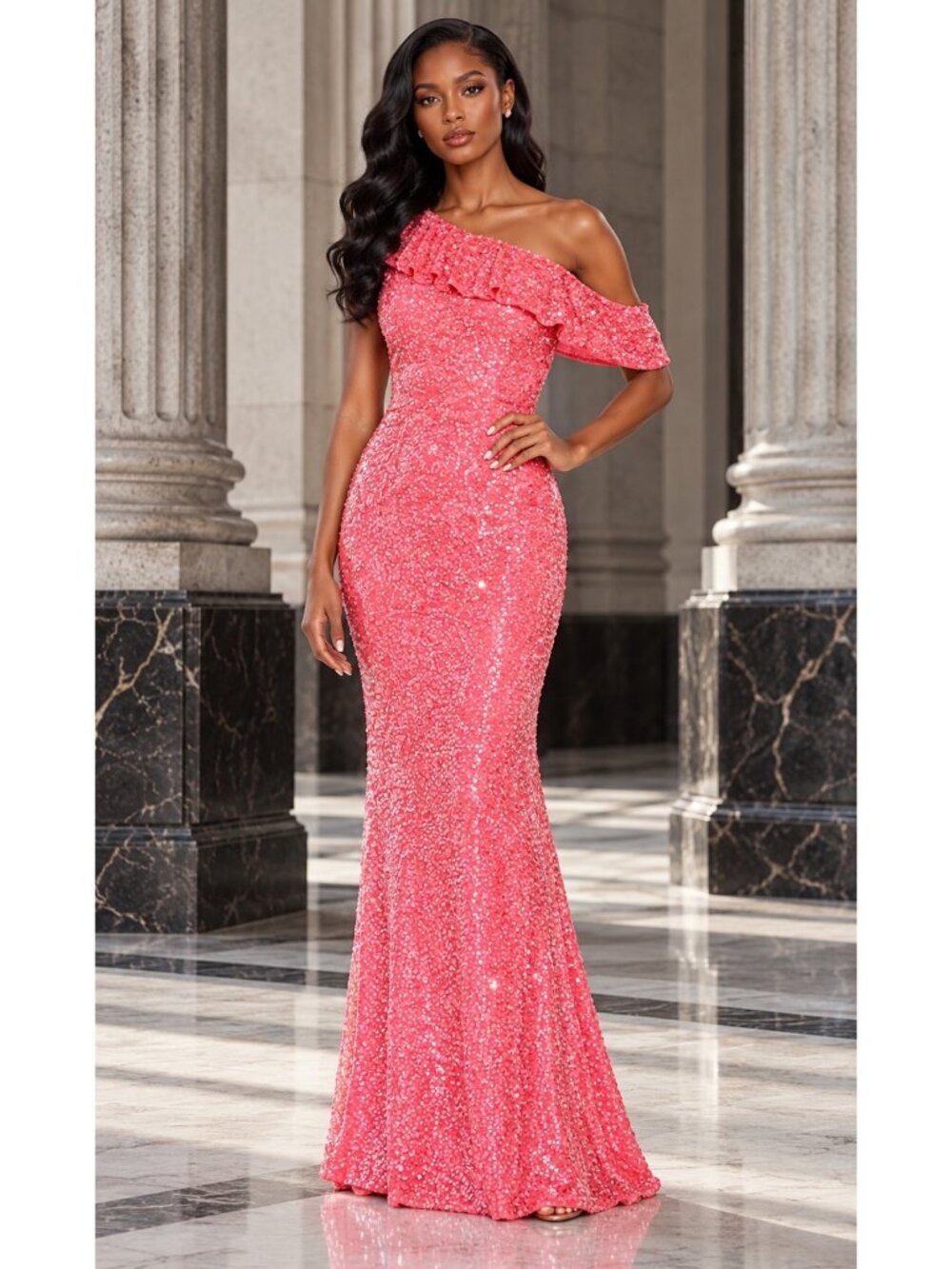 Mac Duggal 5611 Watermelon Pink Sequin Off Shoulder Trumpet Gown Size 4